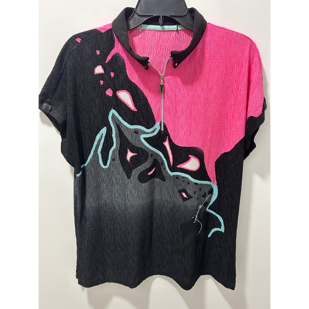 Jamie Sadock Pink Black Abstract Crinkle Quarter Zip Golf Top 61136 Women XL